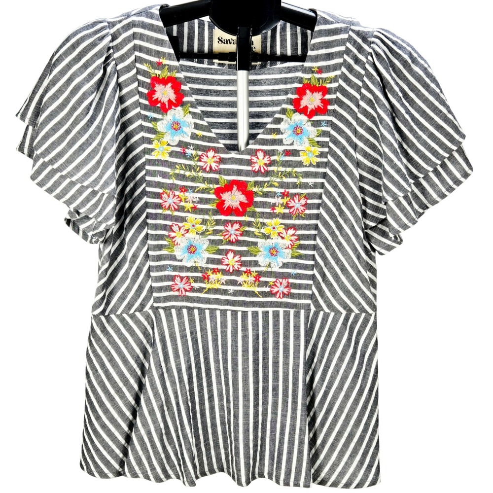 Women's Savanna Jane Size S Striped Embroidered Flutter Sleeve Top Boho Peasant
